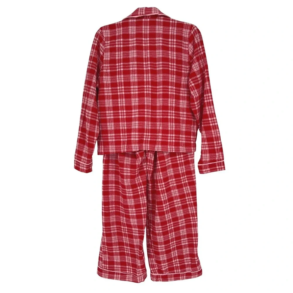 Happily Grey Red Plaid Flannel‎ Pajama Set Dog Embroidered Sleepwear Small EUC